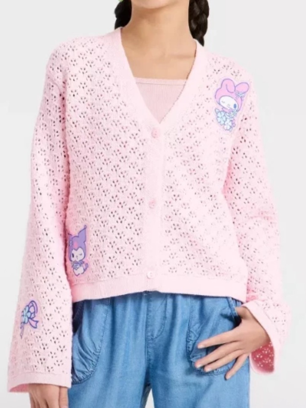 Hello Kitty My Melody & Kuromi Pink Knit Cardigan